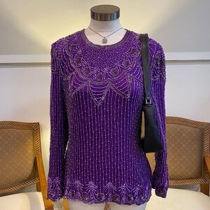 Vintage 80s Elegant Purple Beaded Women's Top Size Medium Power Dressing Flapper